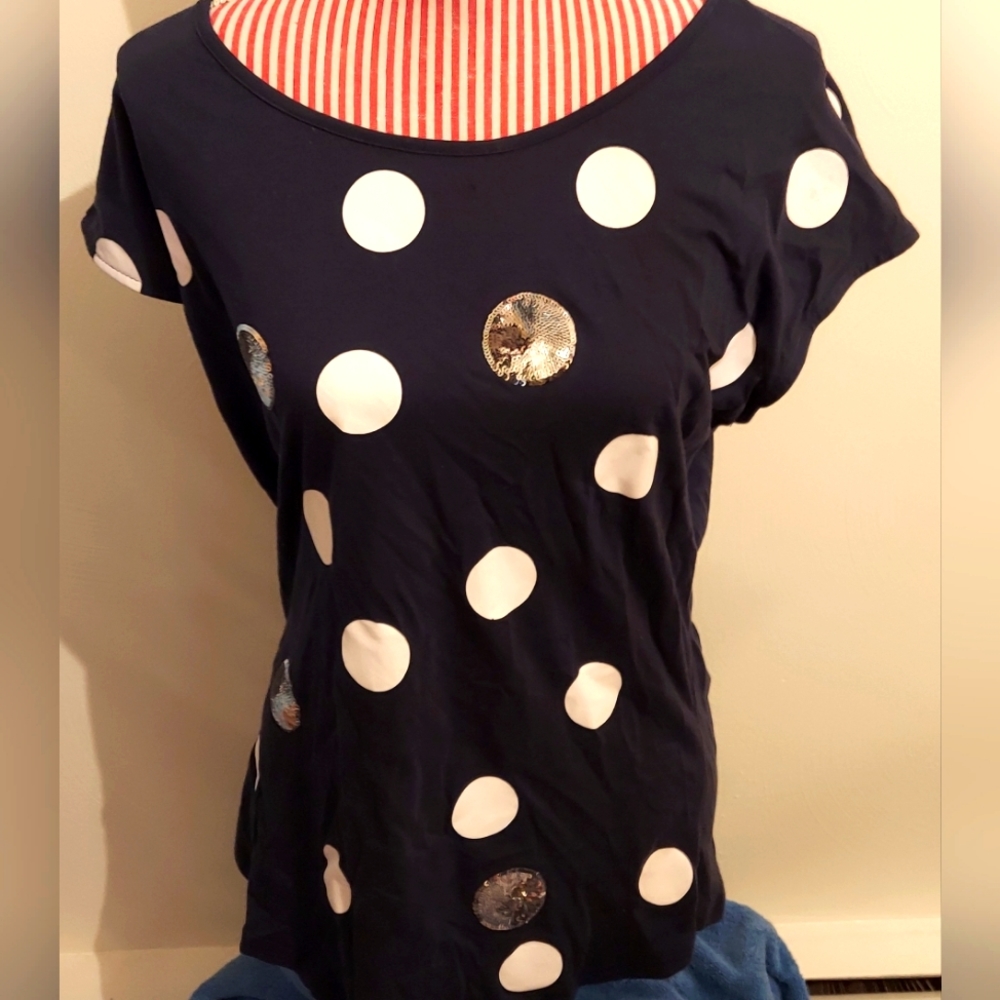 Serengeti Navy White And Sequin Polka Dot Tee SIze Medium